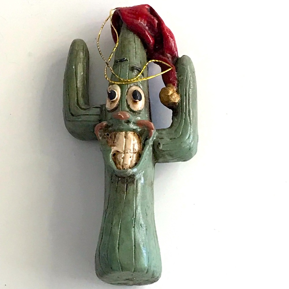 Resin Cactus Funny Face Wearing a Santa Hat Christmas Ornament